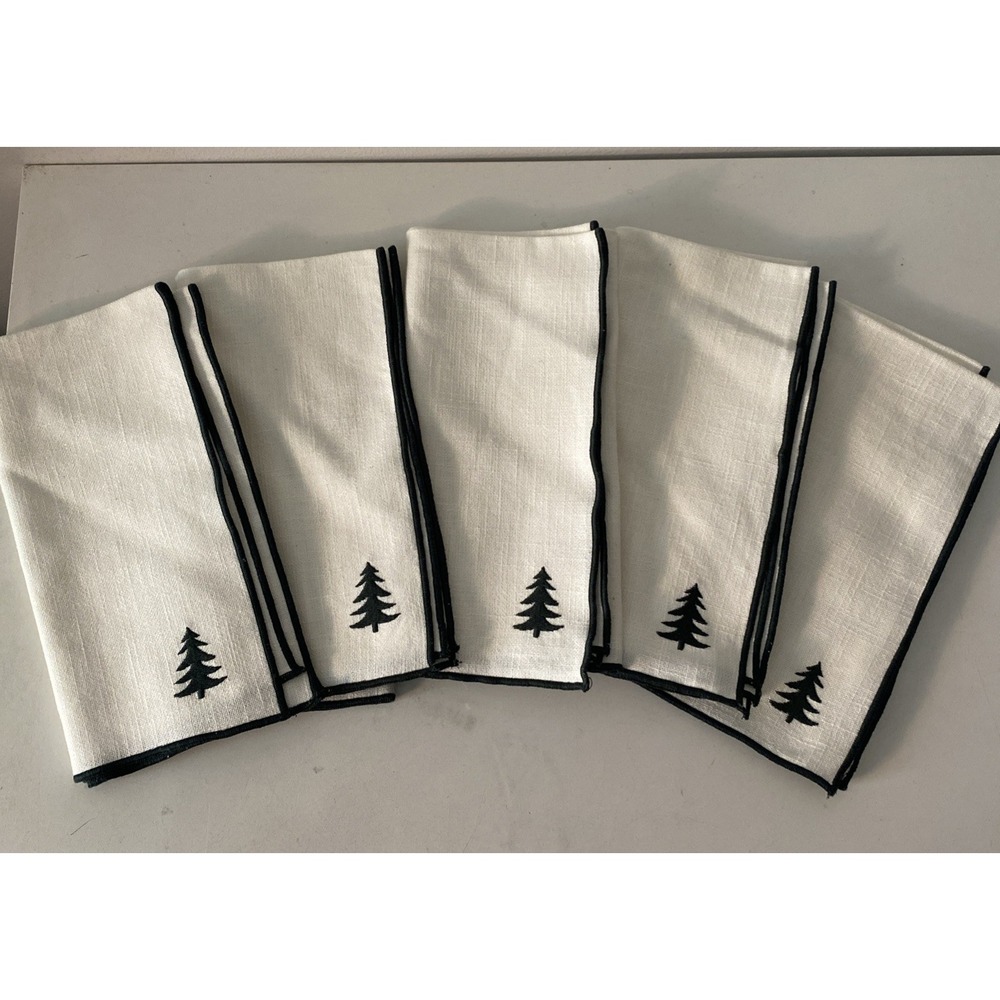 Set of 5 Crate & Barrel Merrow-Stitch White Green Stripe Napkin Embroidered Tree